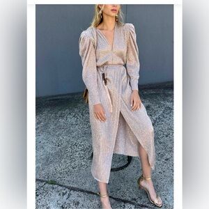 Sabina Musayev Metallic Pleated Maxi Dress XS – Gold/Nude- New w/o tags